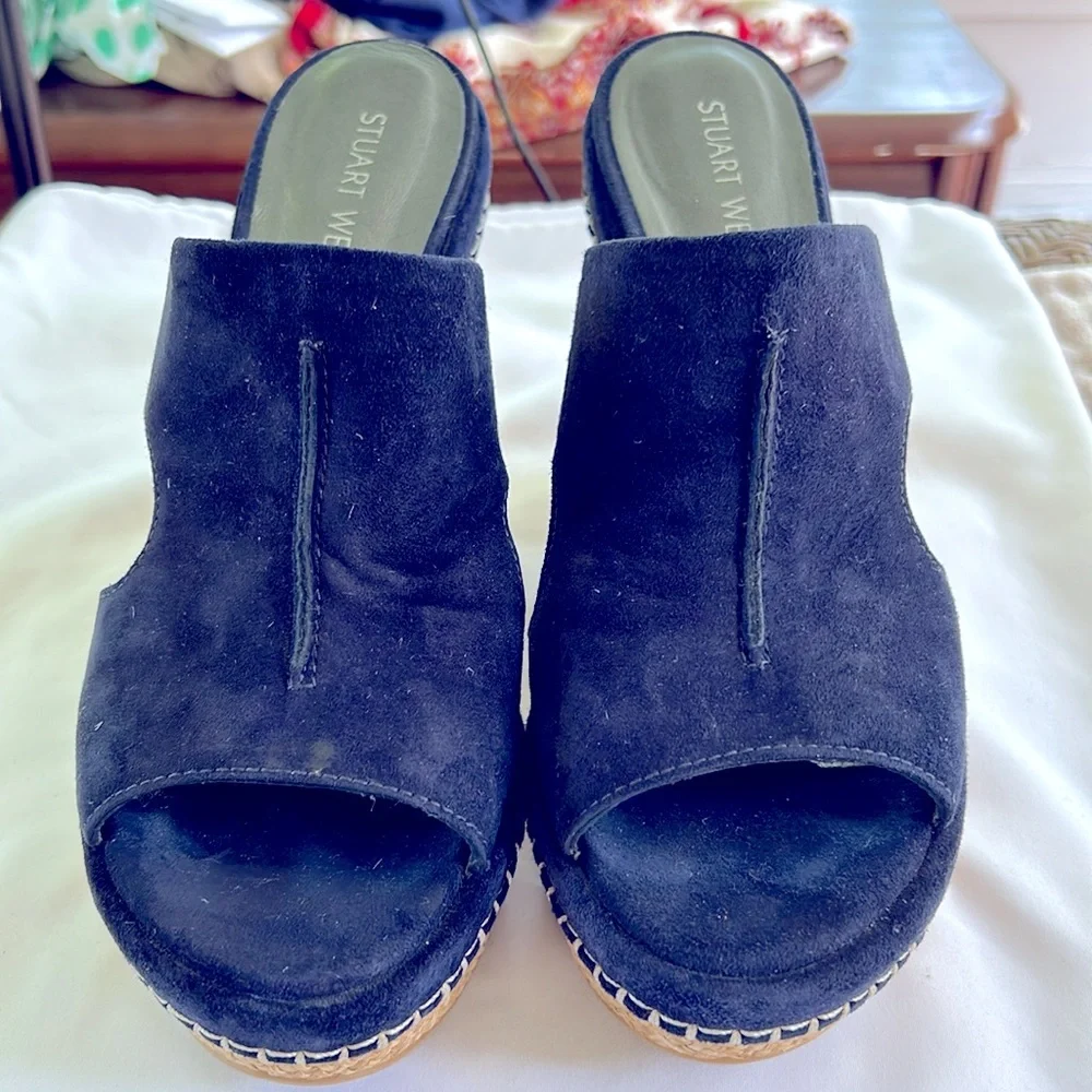 Stuart Weitzman Ponte Cutout Espadrille Platform Wedge Slides Navy Blue 8.5 - Picture 2 of 12